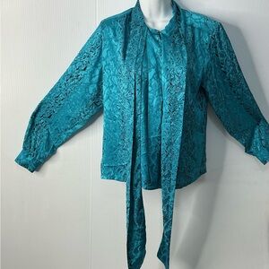 Women's Teal Tie-Neck Blouse with Long Sleeves